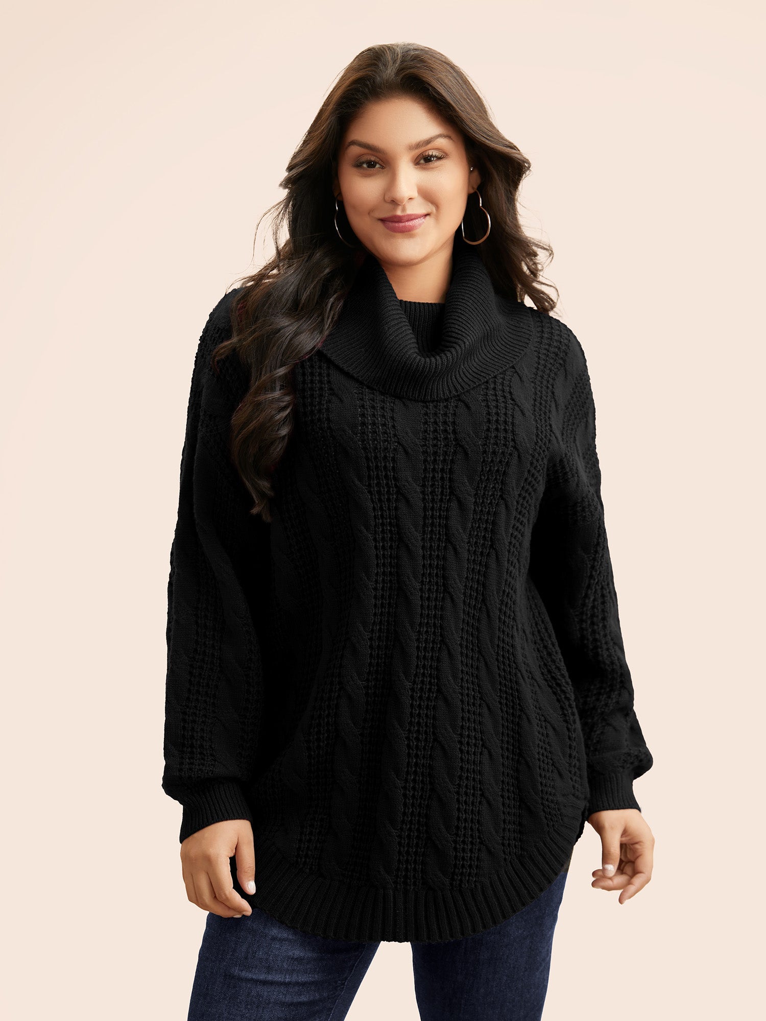 Turtleneck Cable Knit Curved Hem Pullover