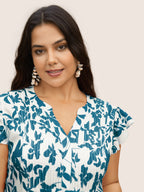 Silhouette Floral Print Notched Collar Pleated Blouse