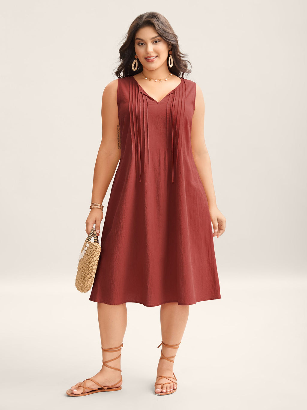 Cotton Toothpick Pleat Plain Midi Dress