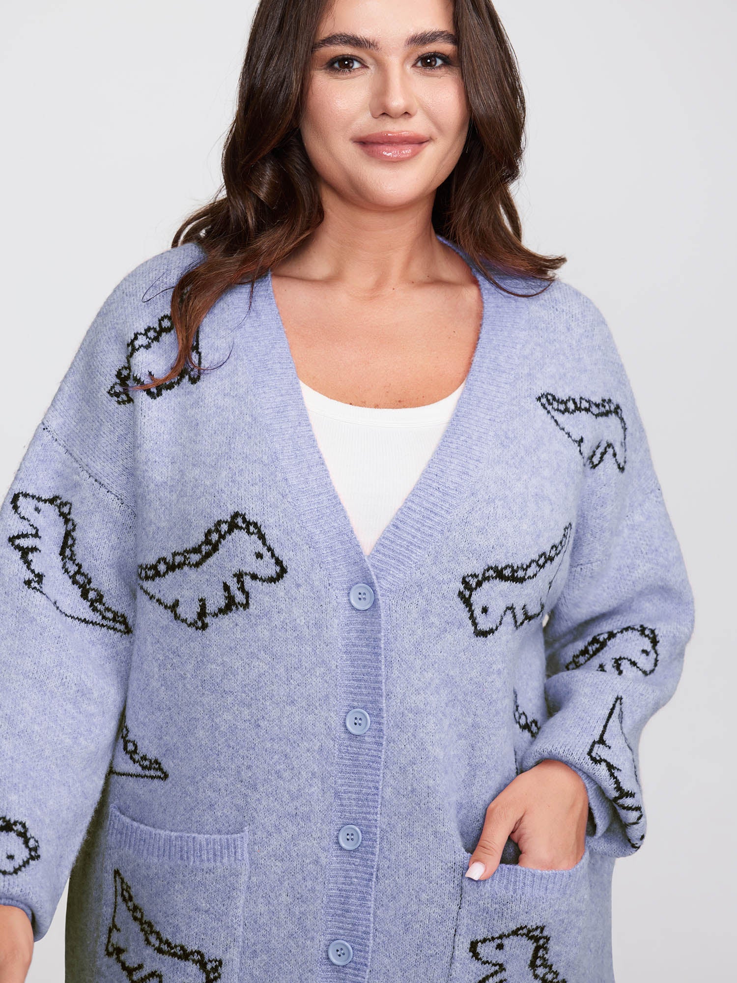 Jacquard Dinosaur Print Knit Cardigan