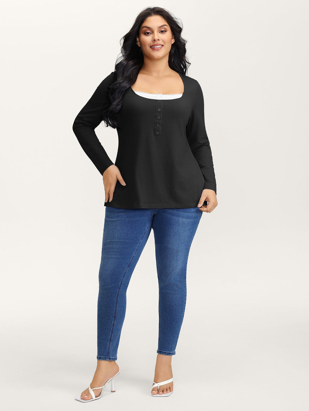 Button Placket Lace Scoop Neck T-Shirt