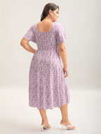 Ditsy Floral Sweetheart Drawstring Pocket Tiered Dress