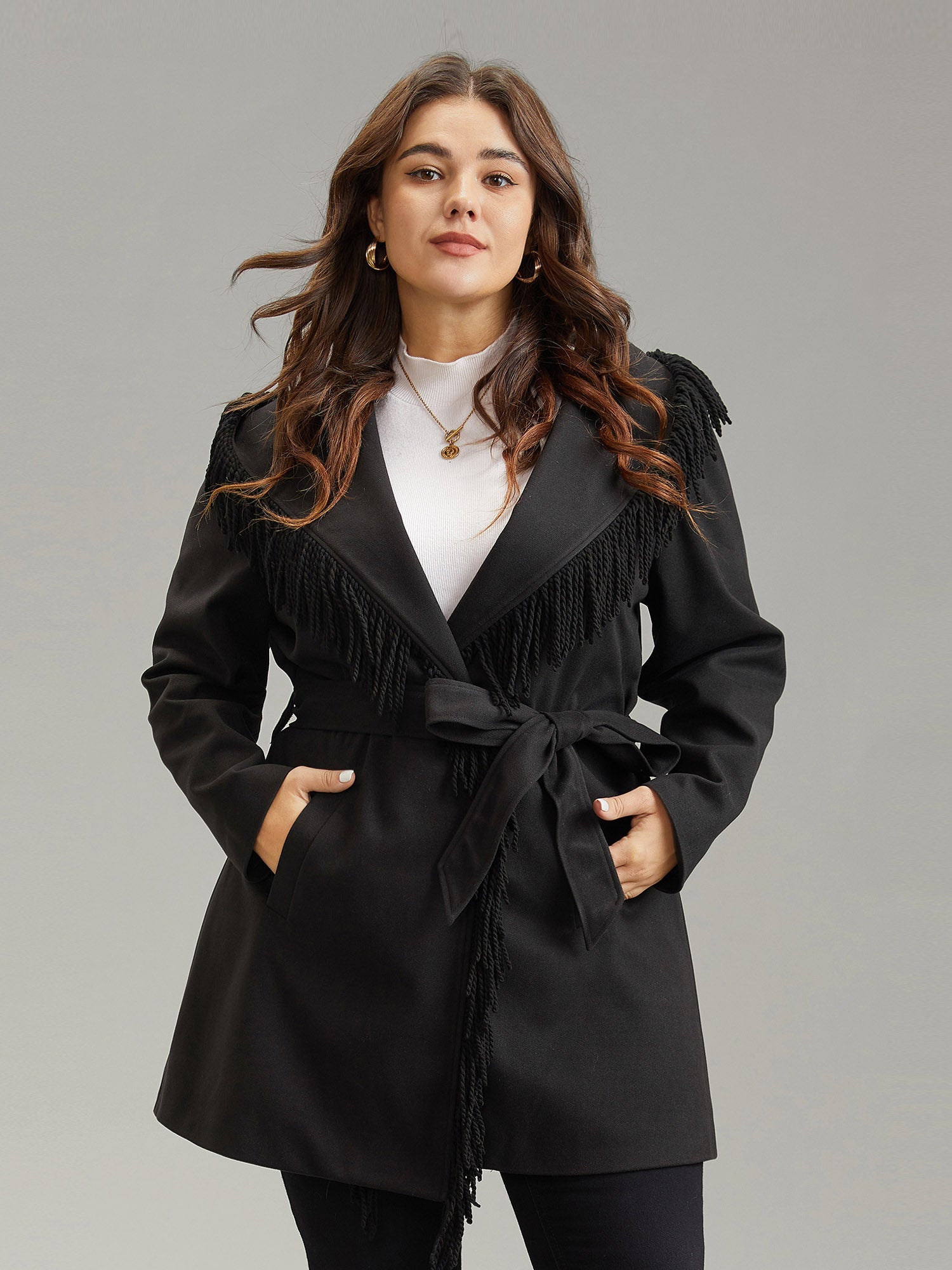 Tassels Trim Plain Lapel Collar Belted Coat