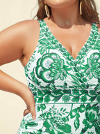 Two-Piece Floral Print Ruched Mesh Swimsuit, Sarong