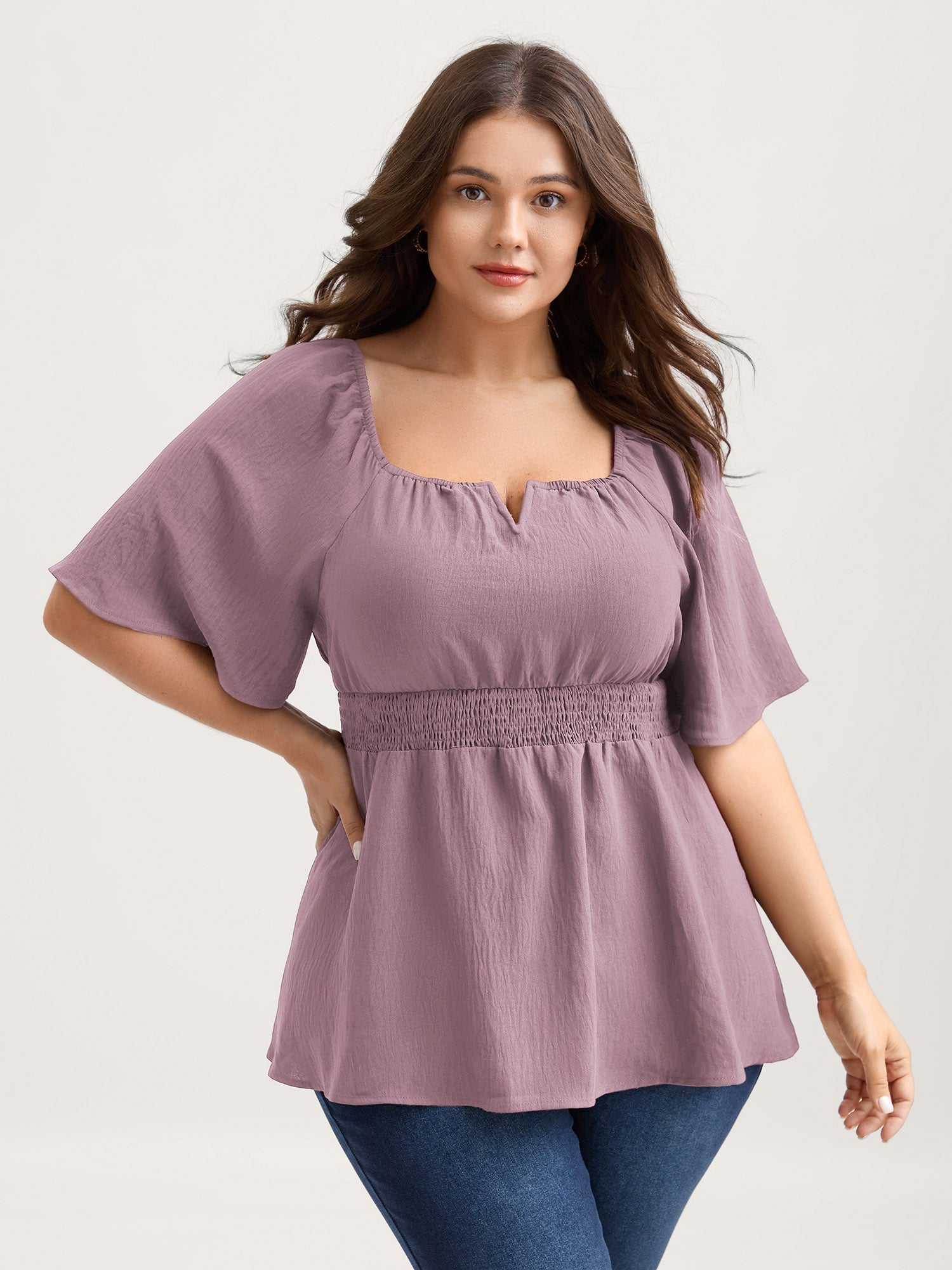 Stretchy Neckline Waist-Cinched Solid Blouse
