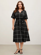 Checkered Print Belted Pockets Midi Dress