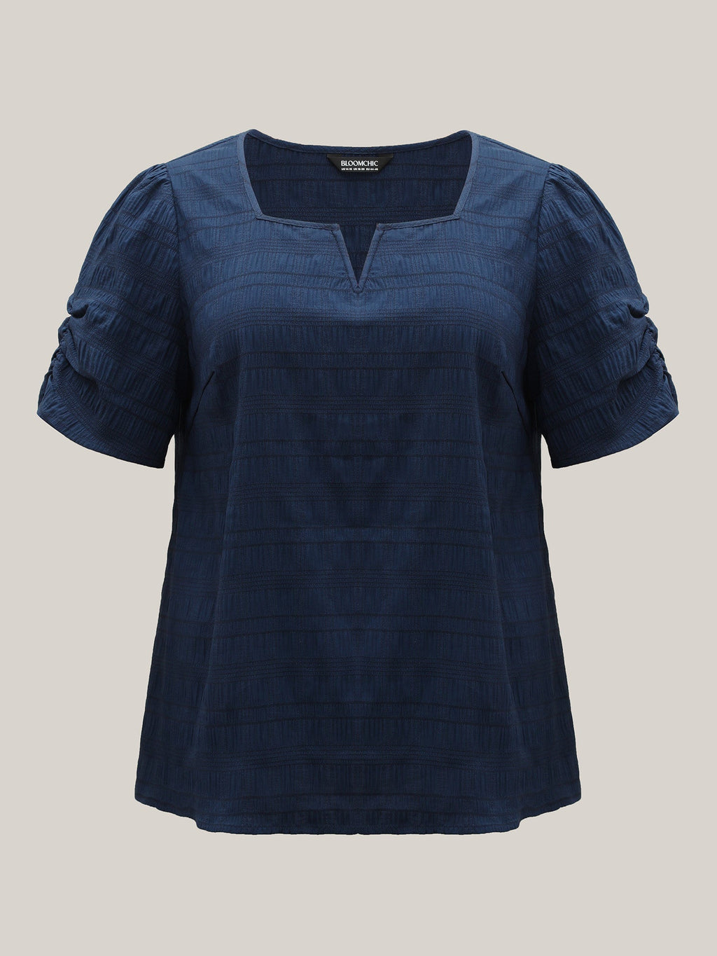 Textured Gathered Sleeve Split Neck Blouse