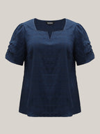 Textured Gathered Sleeve Split Neck Blouse