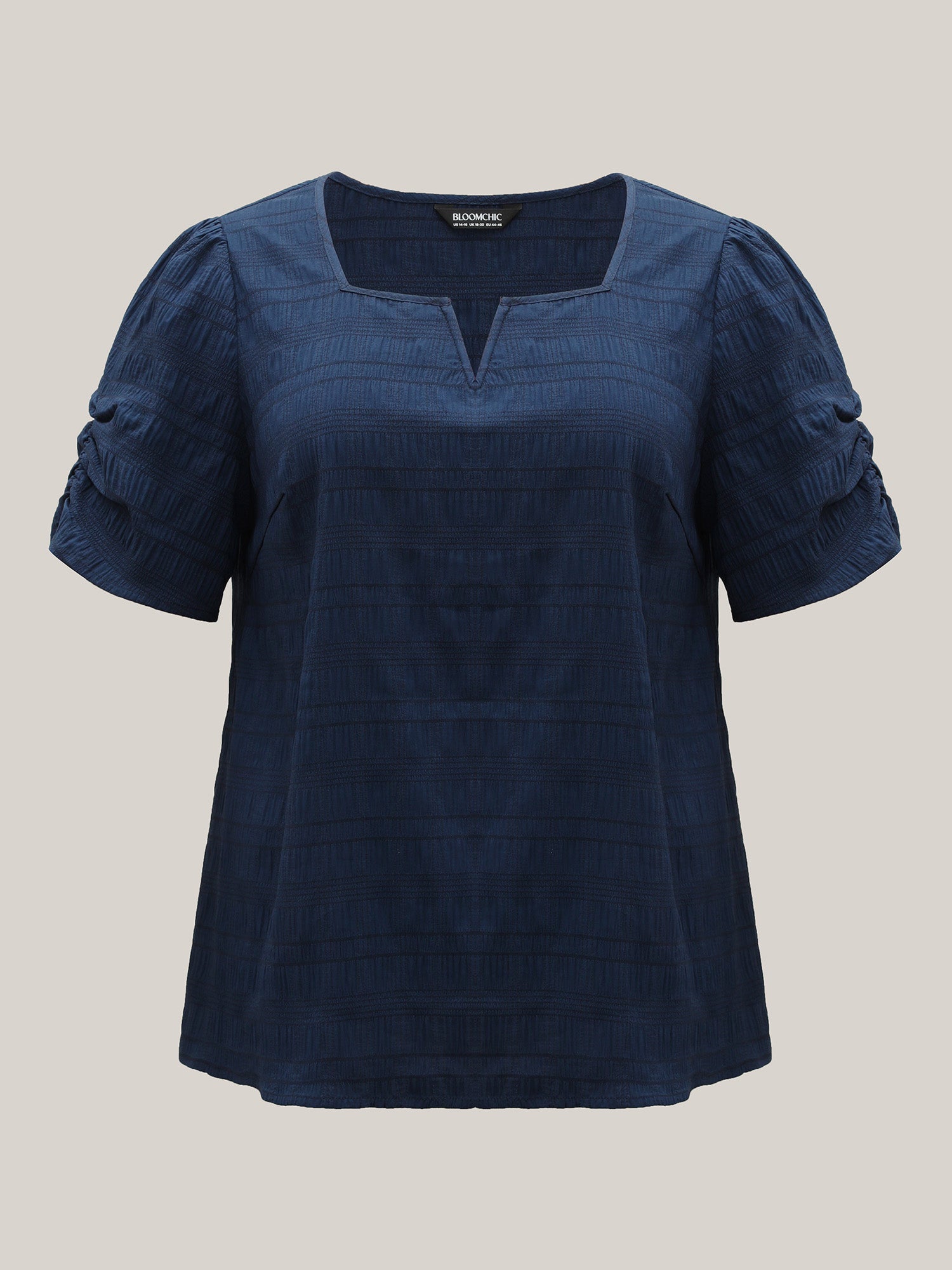 Textured Gathered Sleeve Split Neck Blouse