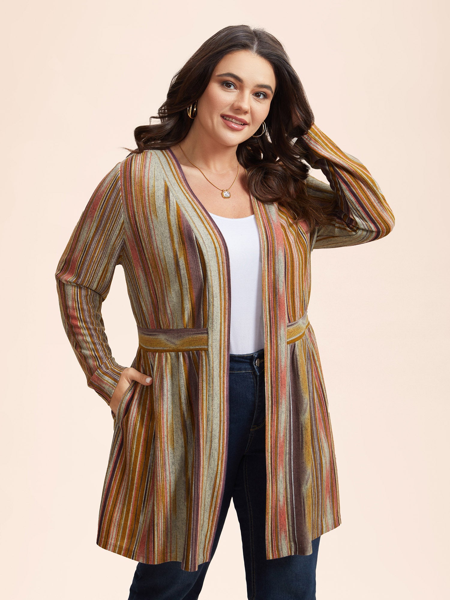 Colored Striped Open Front Waist Defining Jacket