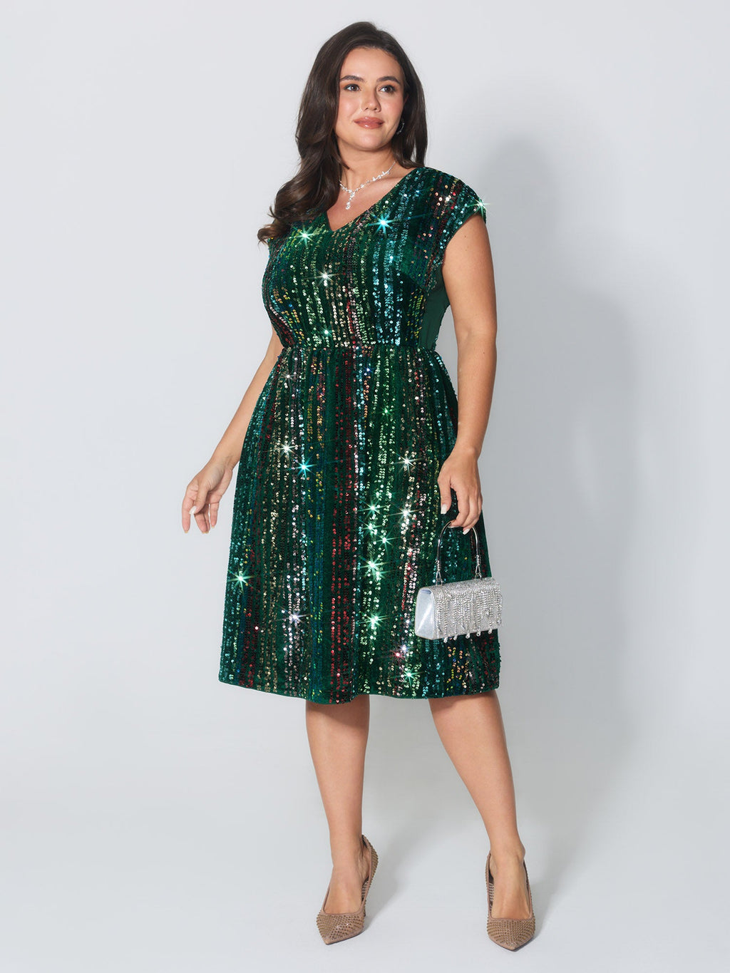 Shimmery Sequin Stripe Cinched-Waist Midi Dress