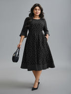 Crew Neck Polka Dot Waist Cinched Dress