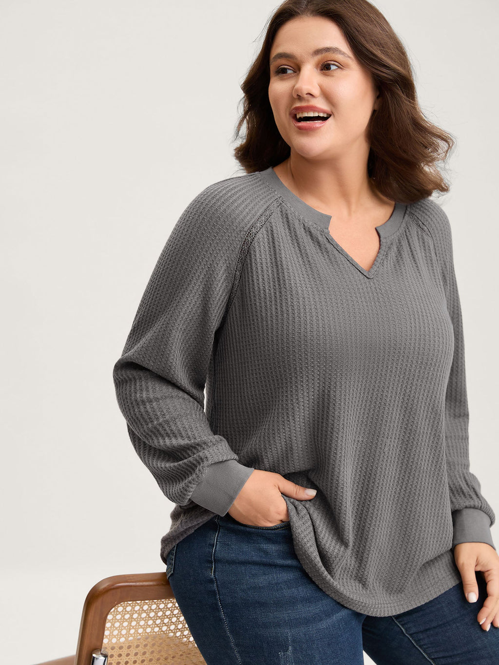 Waffle Grid Notched Collar Lace Sweatshirt