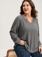 Waffle Grid Notched Collar Lace Sweatshirt