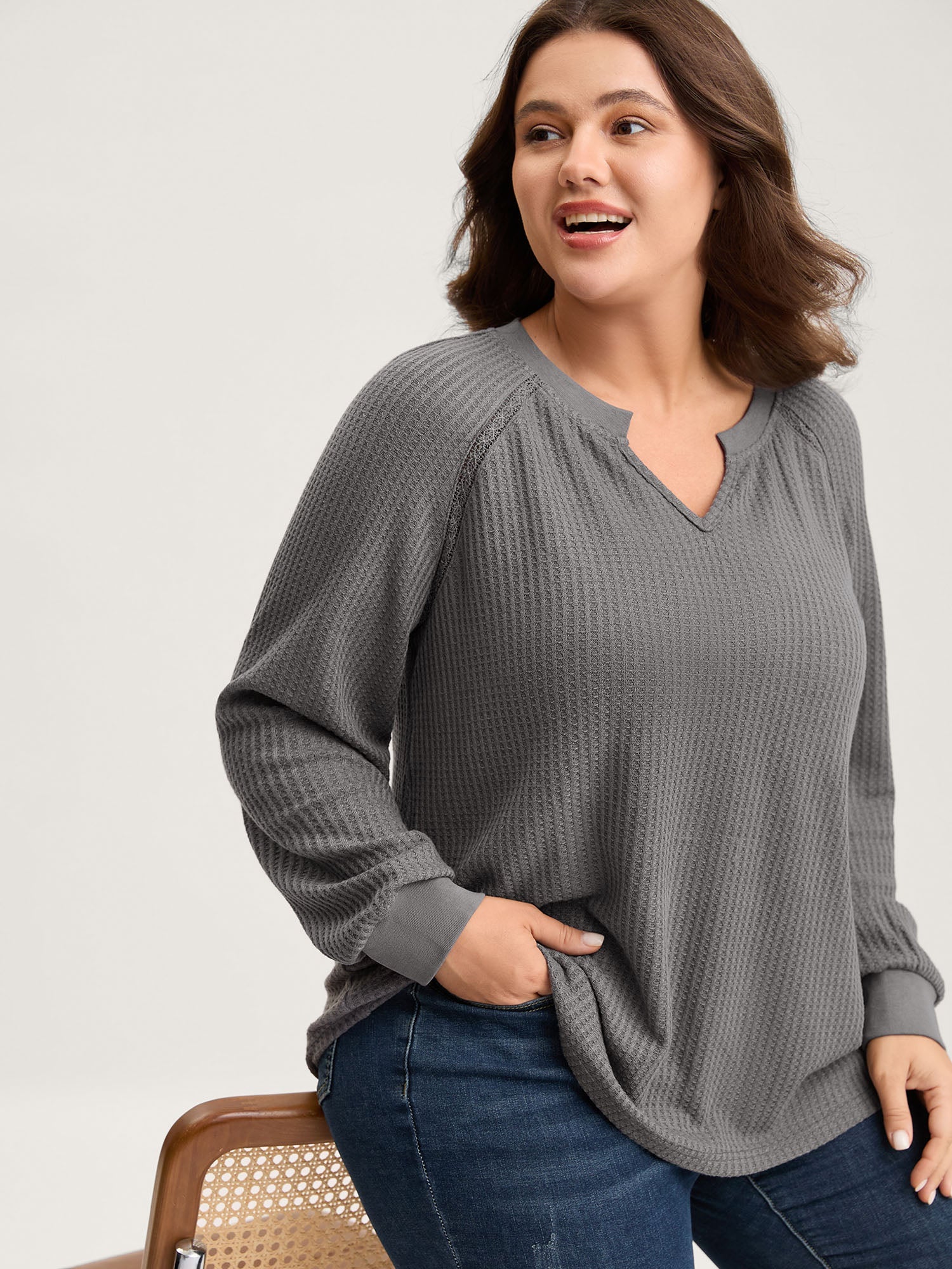 Waffle Grid Notched Collar Lace Sweatshirt