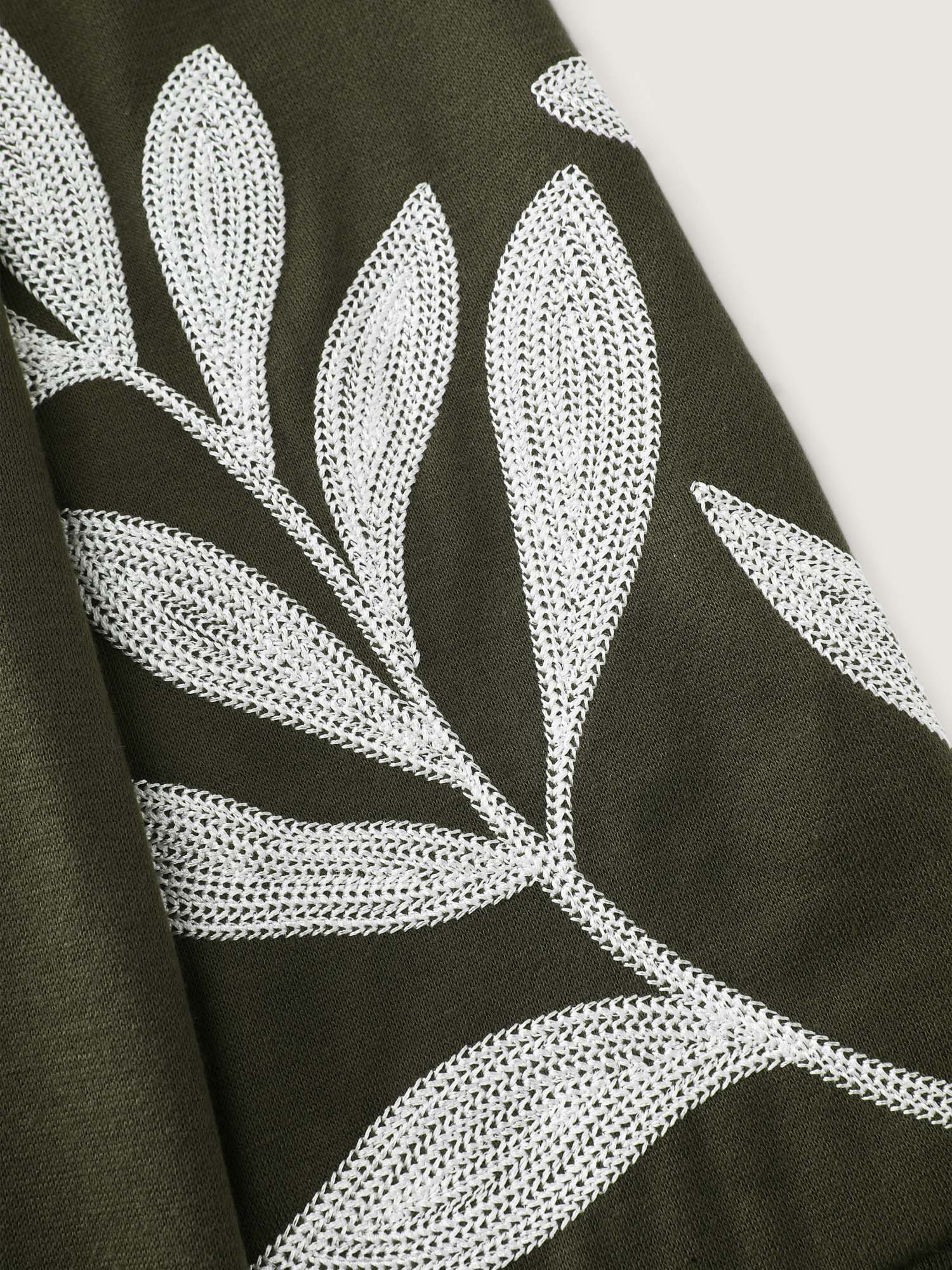 Leaf Embroidered Sleeve Round Neck Sweatshirt