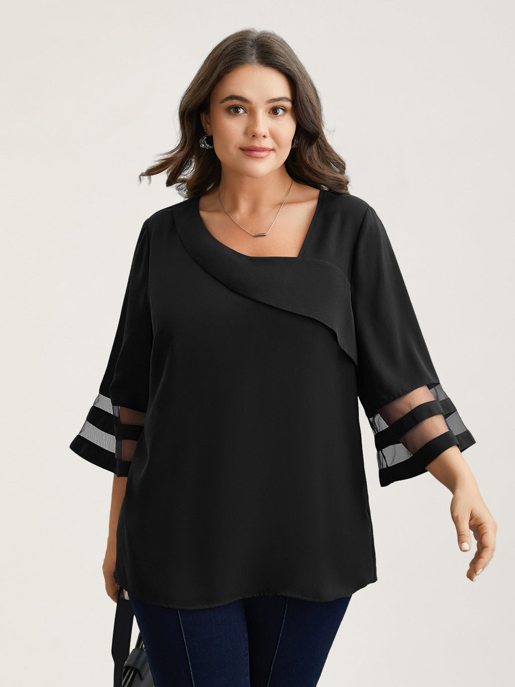 Sheer Sleeve Patchwork Asymmetrical Neckline Blouse