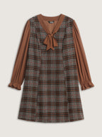 Vintage Check Tweed Ribbon Collar Midi Dress