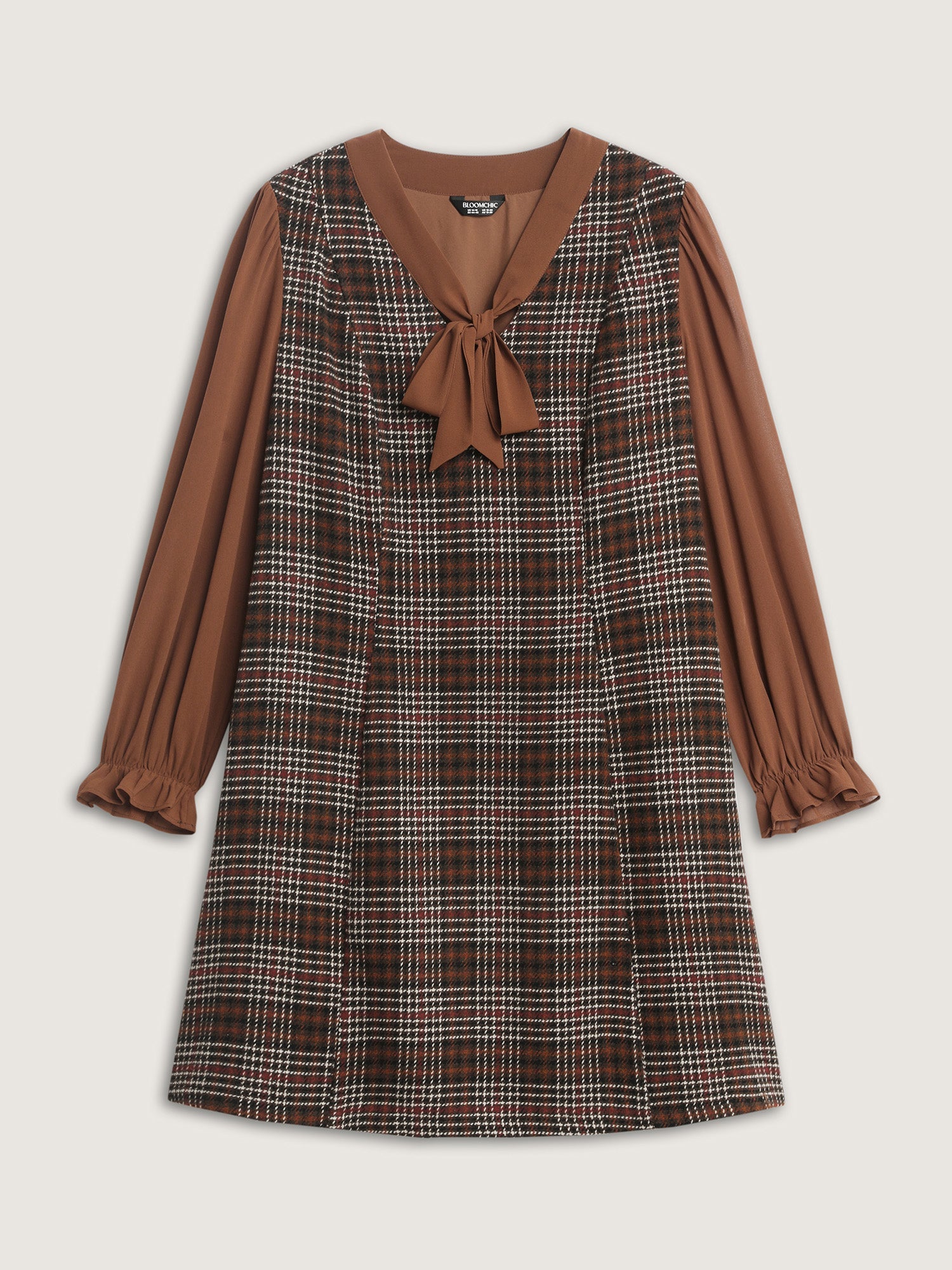 Vintage Check Tweed Ribbon Collar Midi Dress