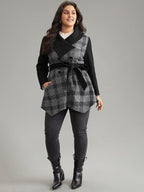 Plaid Belted Lapel Collar Button Up Coat