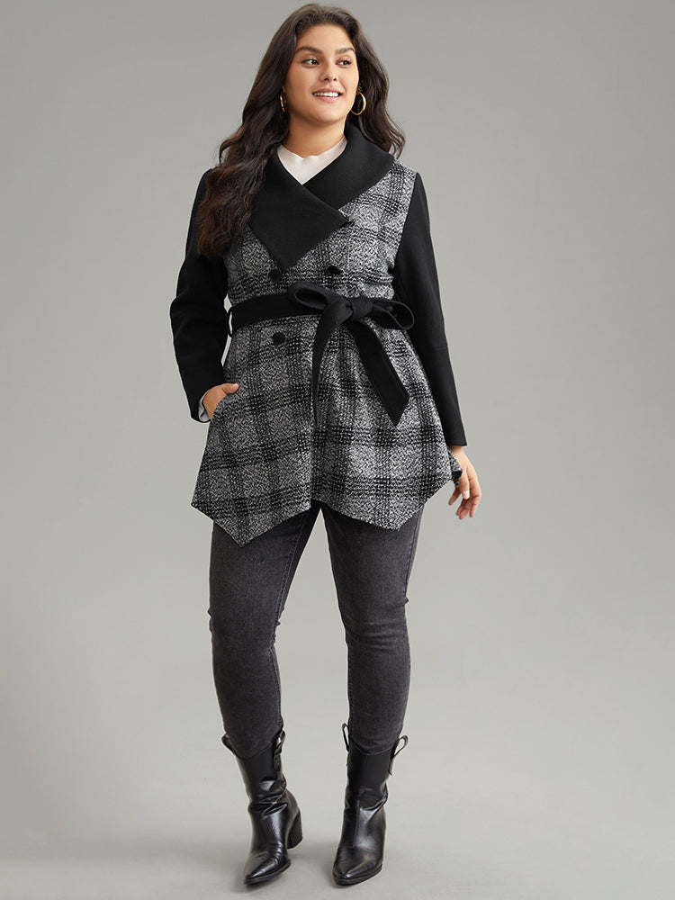 Plaid Belted Lapel Collar Button Up Coat