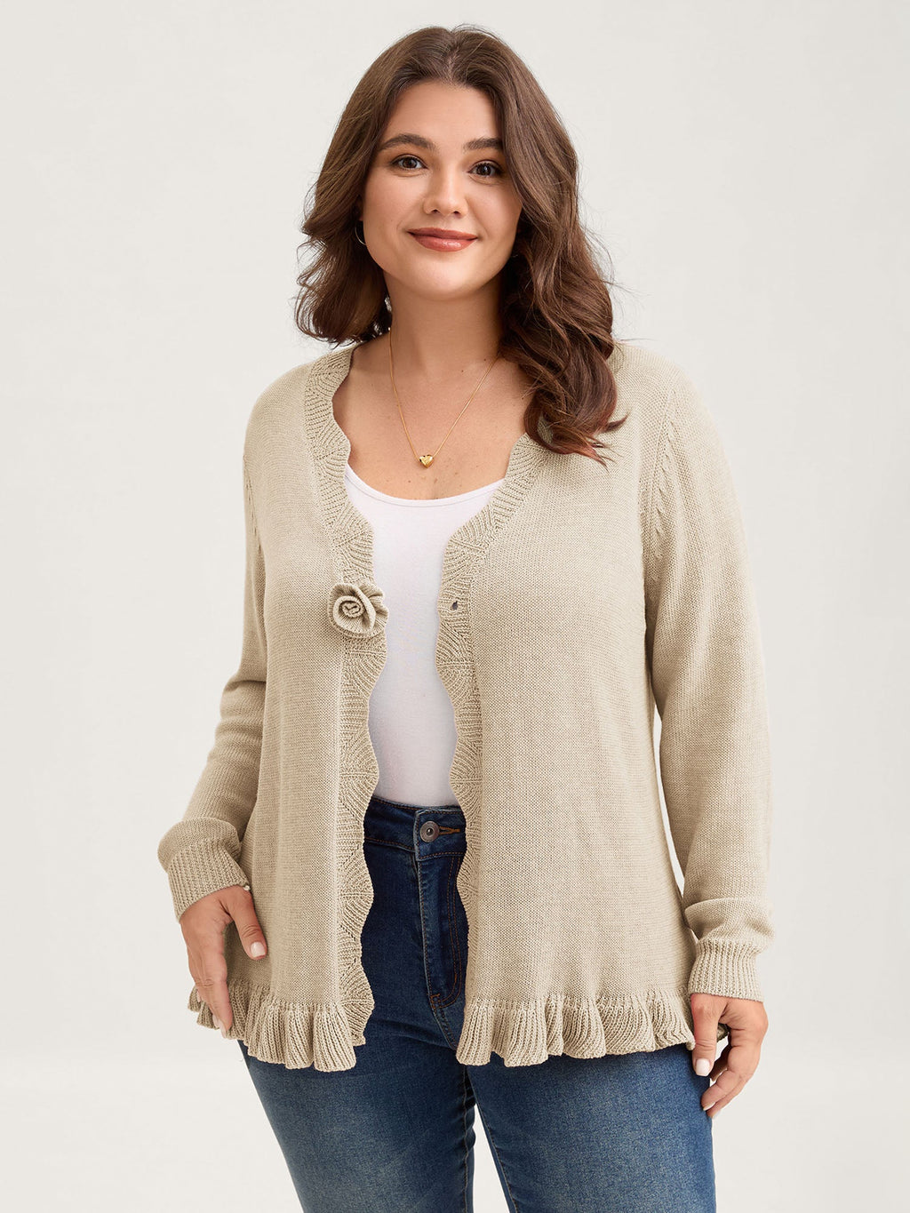 Supersoft Textured Floral Button Ruffled Hem Knit Cardigan
