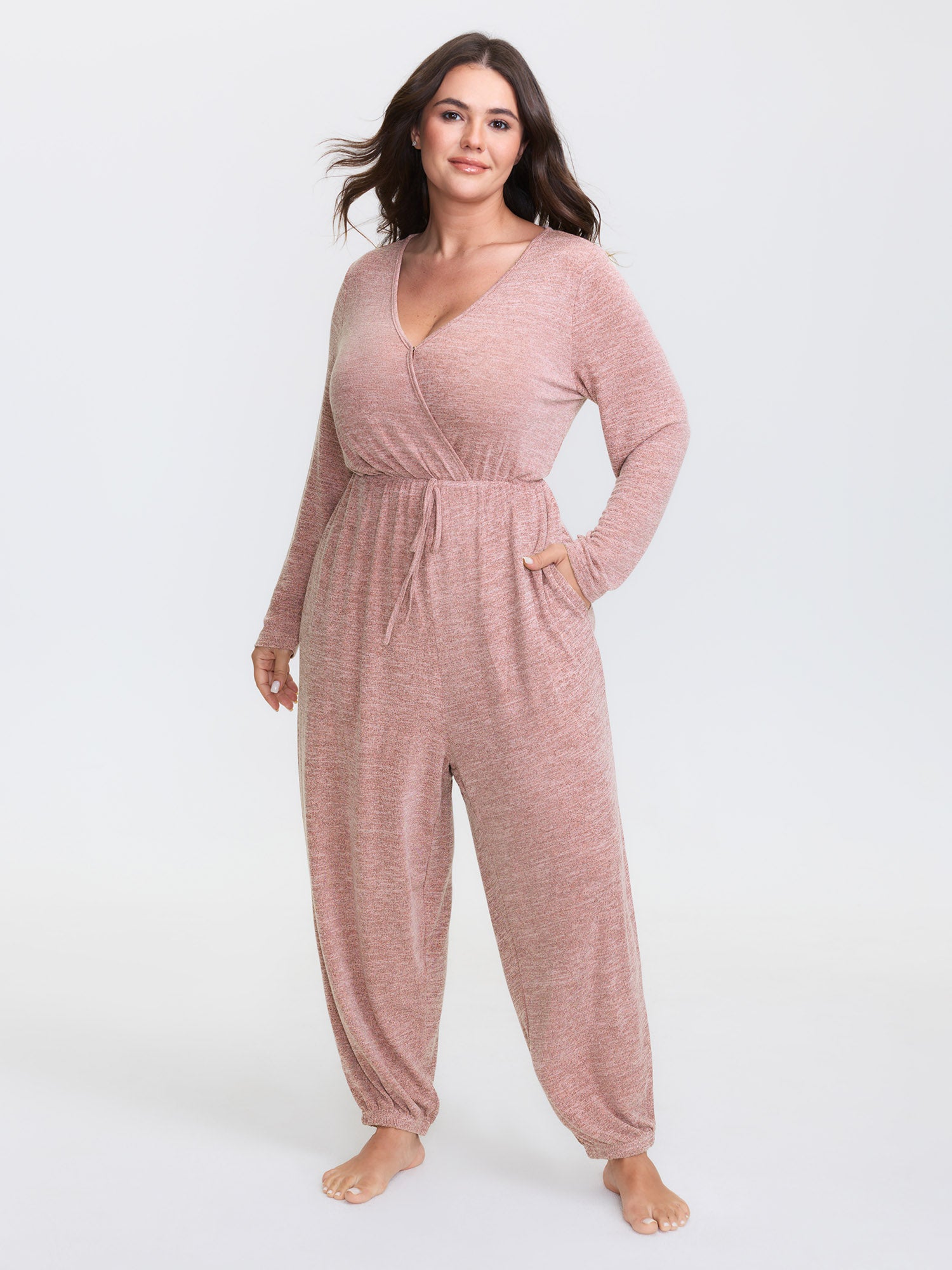 Elastic Waist Overlap Collar Lounge Jumpsuit