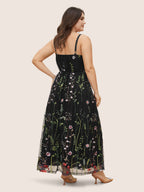 U Neck Floral Embroidered Mesh Cami Dress