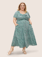 Ditsy Floral Sweetheart Drawstring Pocket Tiered Dress