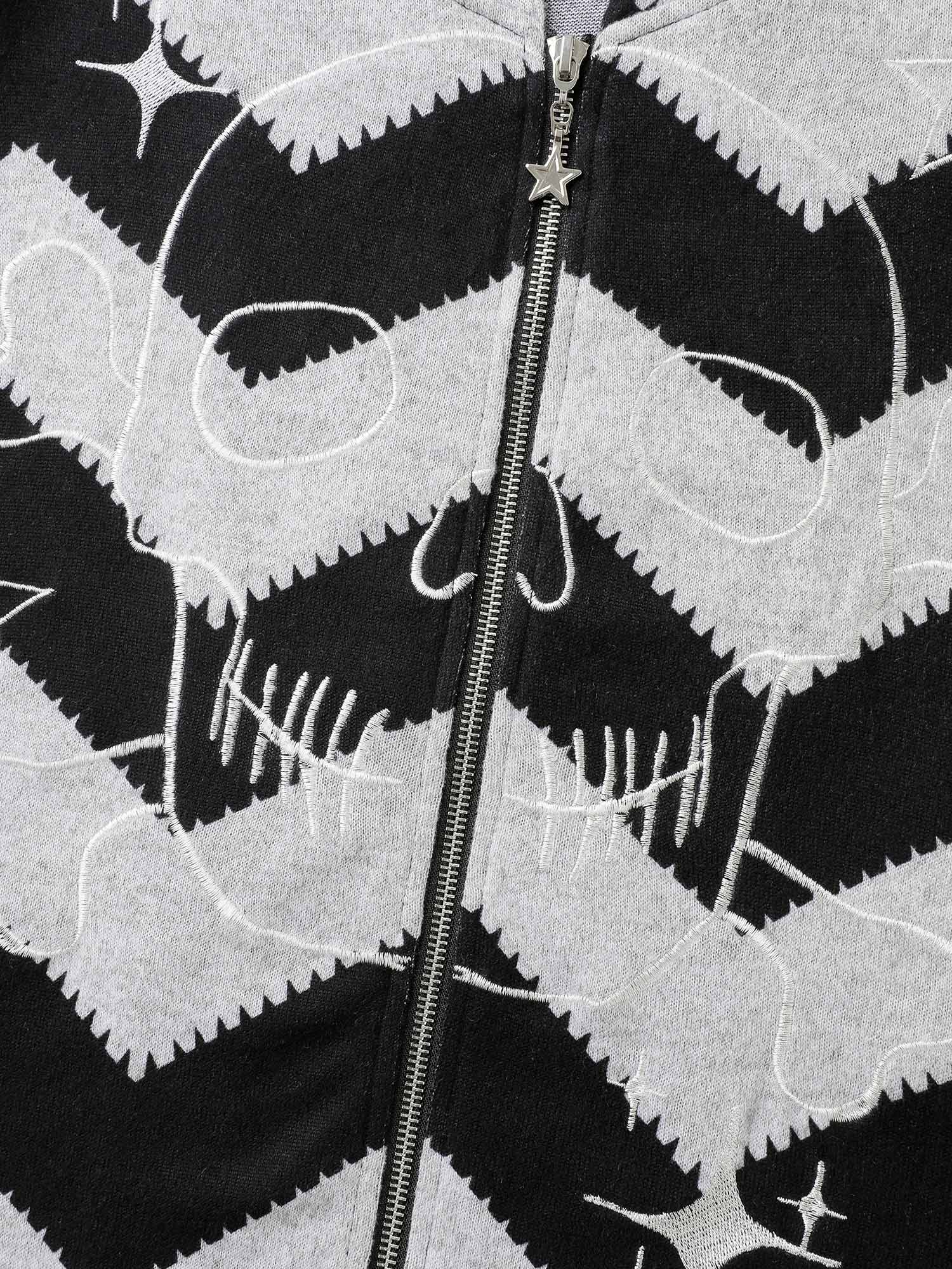 Wavy Stripe Skull Embroidery Zipper Hoodie