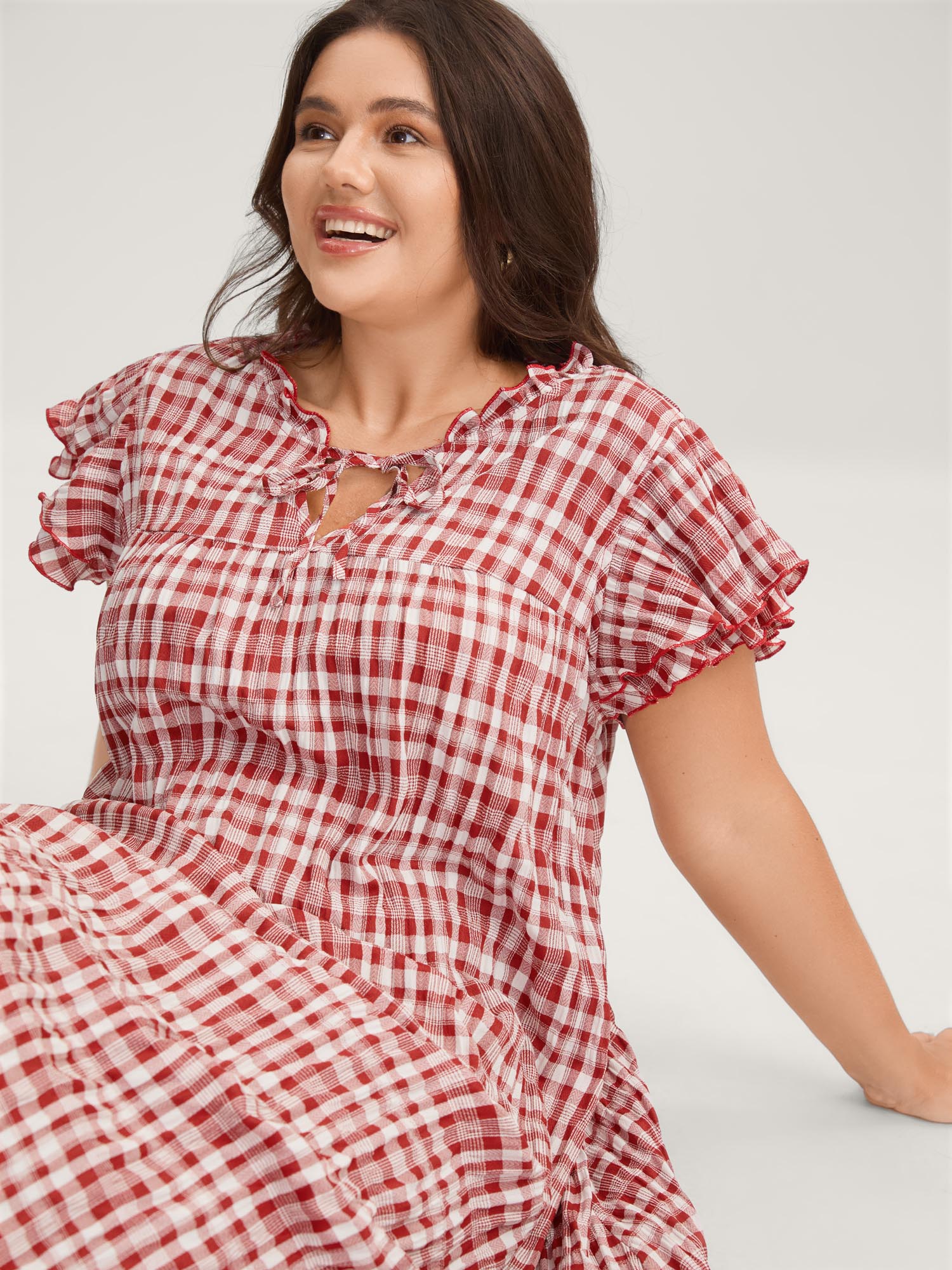 Sweet Plaid Pattern Pockets Midi Dress