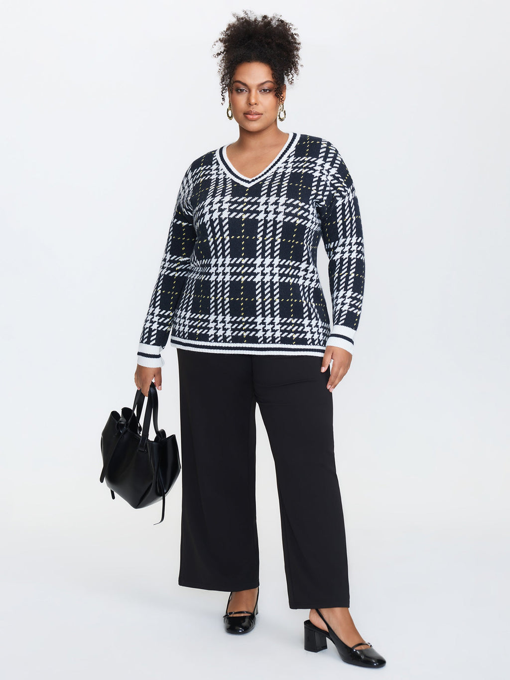 Checkered Pattern Jacquard V-Neck Pullover