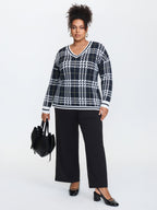 Checkered Pattern Jacquard V-Neck Pullover