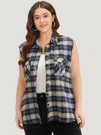 Plaid Flap Pocket Button Up Sleeveless Jacket