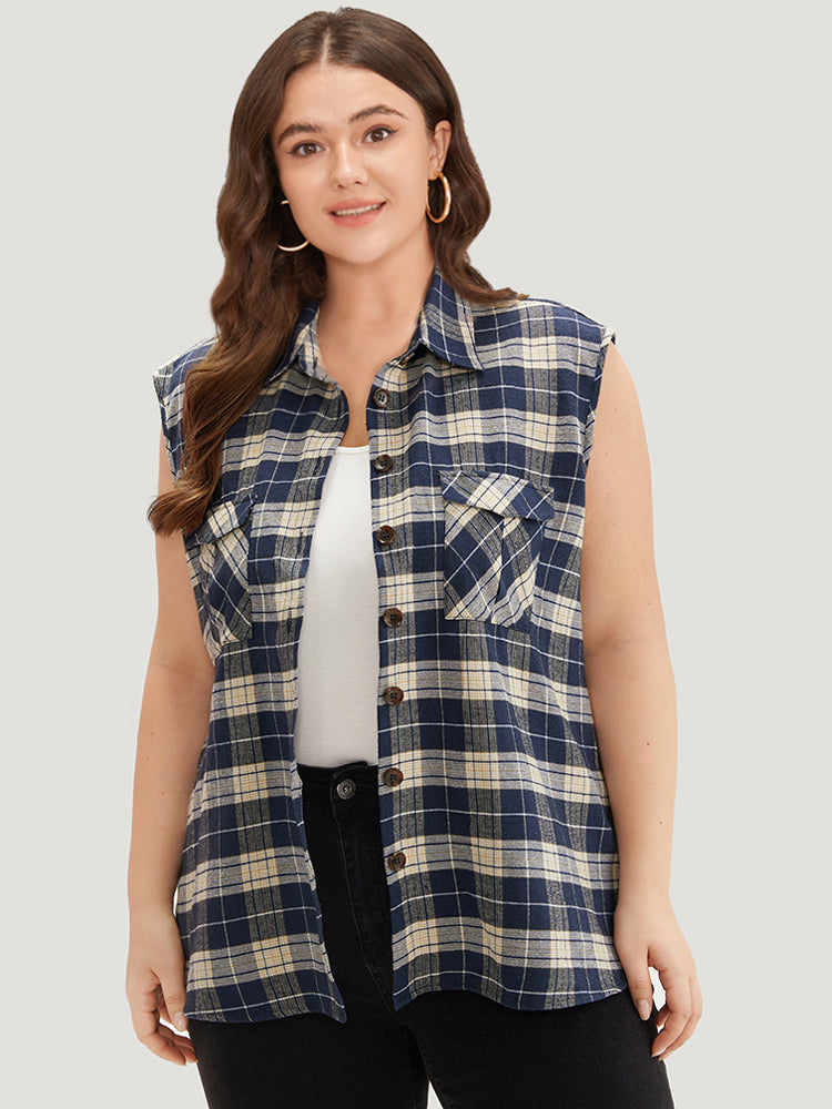 Plaid Flap Pocket Button Up Sleeveless Jacket