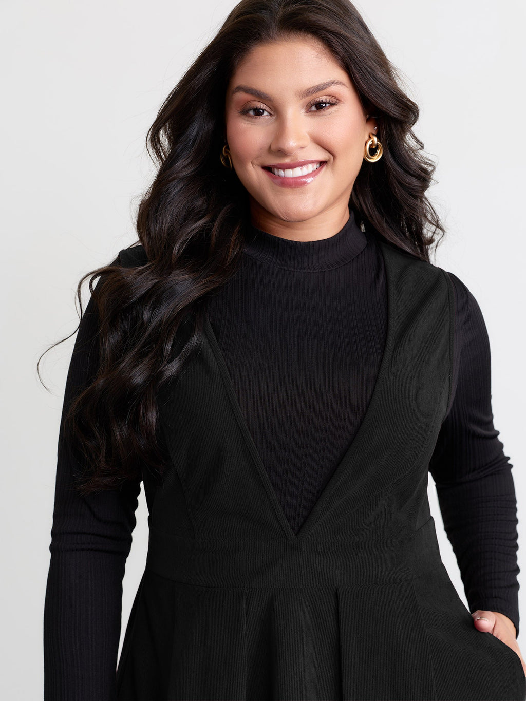 Corduroy Stretchy Waist V-Neck Midi Dress