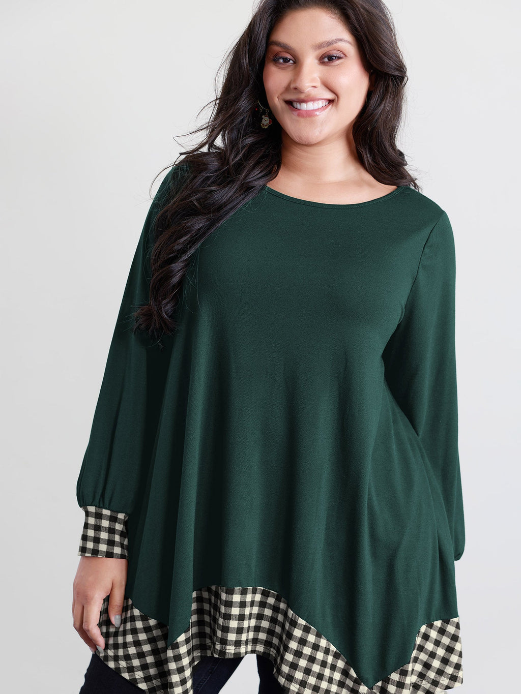 Supersoft Stretchy Checkered Asymmetrical Hem T-Shirt