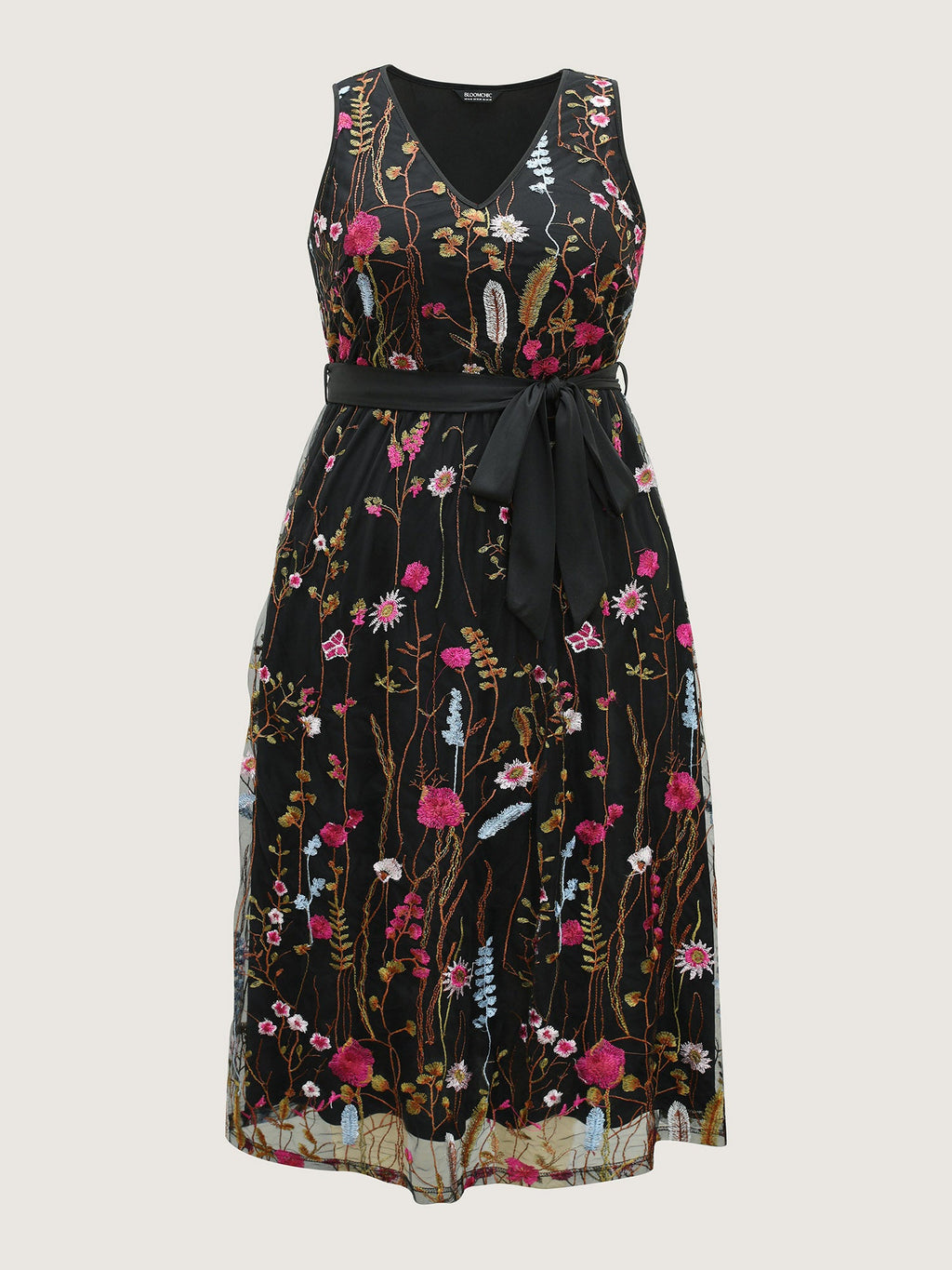 Floral Embroidery Belted Midi Dress