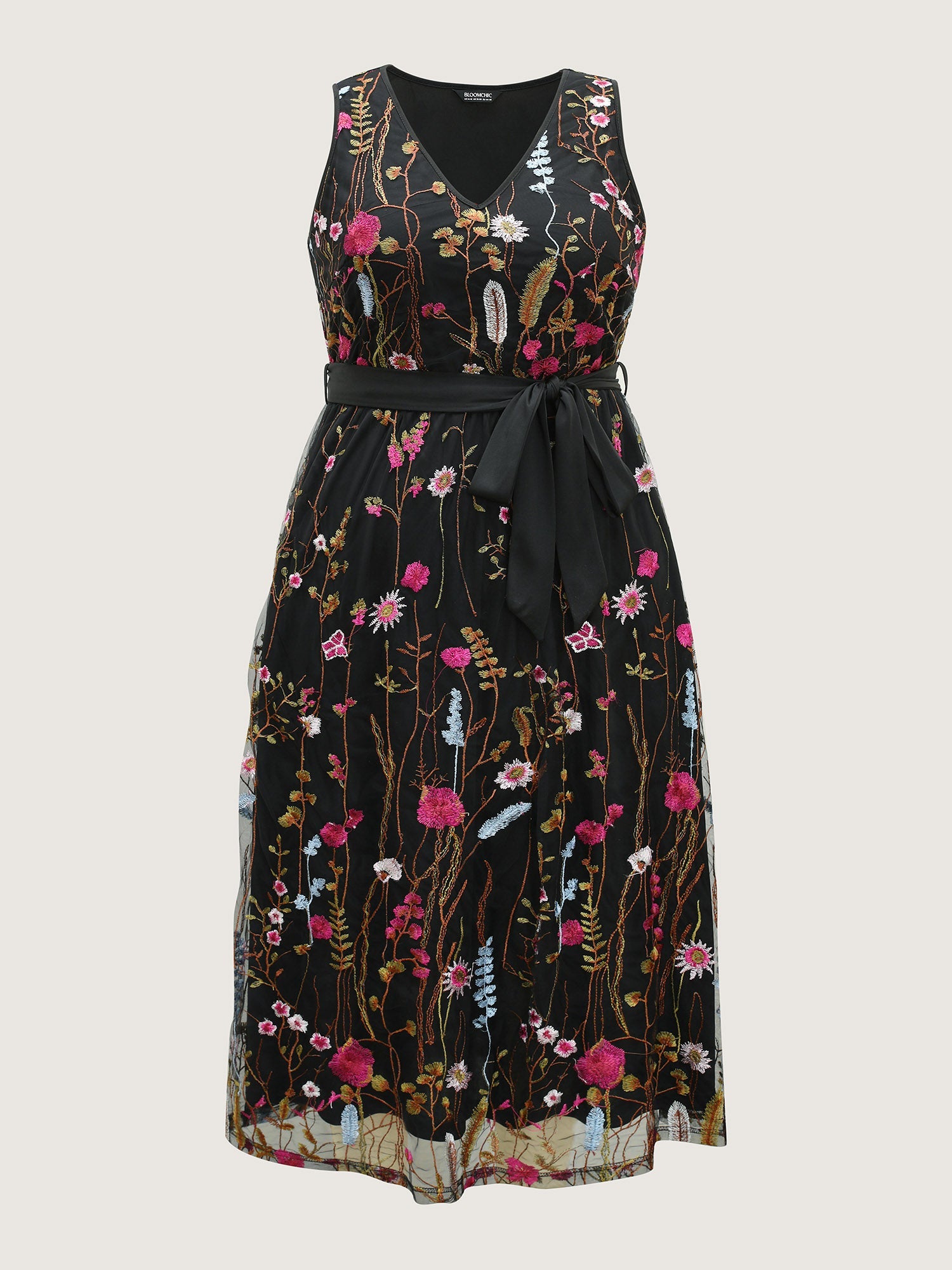 Floral Embroidery Belted Midi Dress