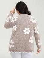 Floral Pattern Open-Front Knitted Cardigan