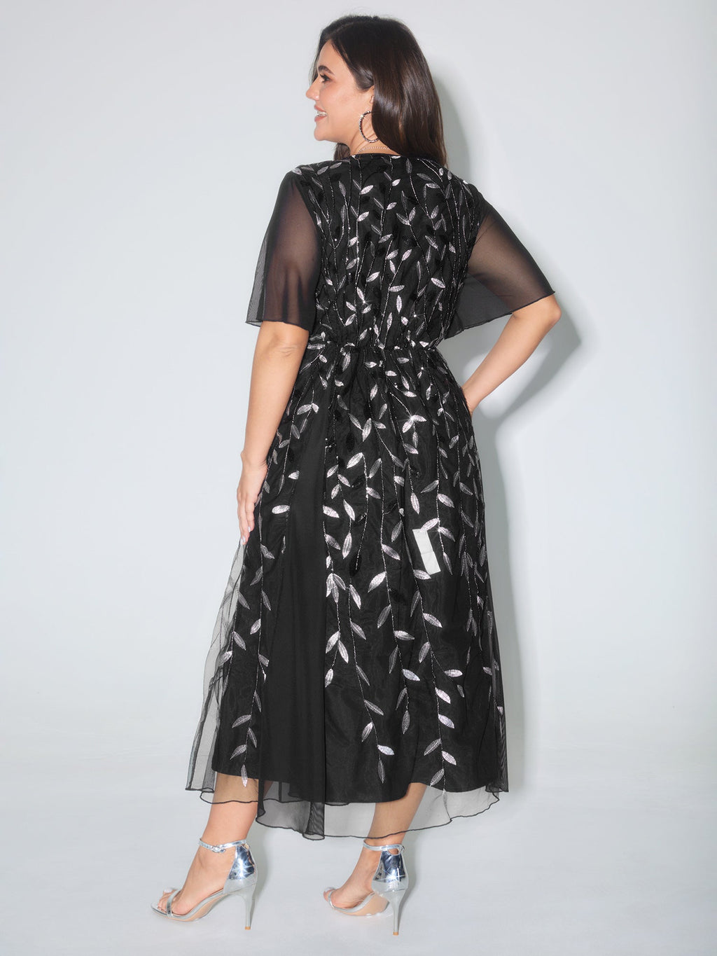 Leafy Print Sheer Sleeve V-Neck Midi Dress