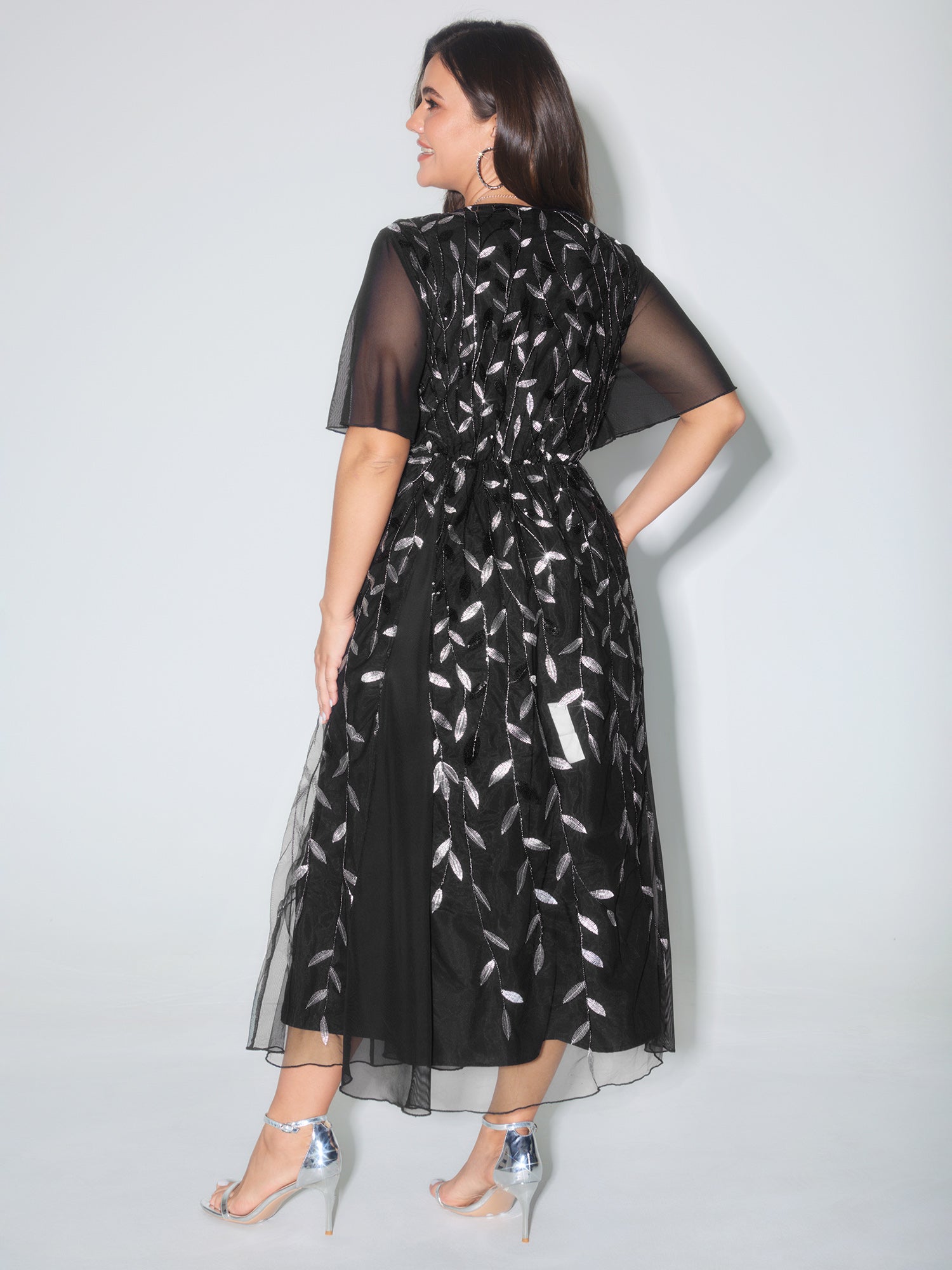 Leafy Print Sheer Sleeve V-Neck Midi Dress