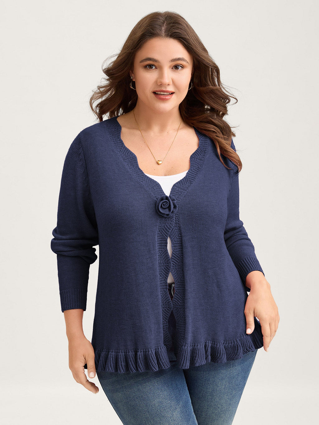 Supersoft Textured Floral Button Ruffled Hem Knit Cardigan