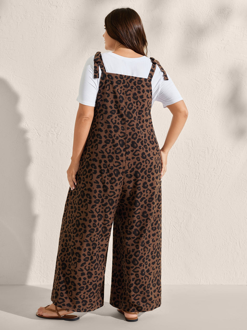 Leopard Print Shirred Shoulder Ties Jumpsuit