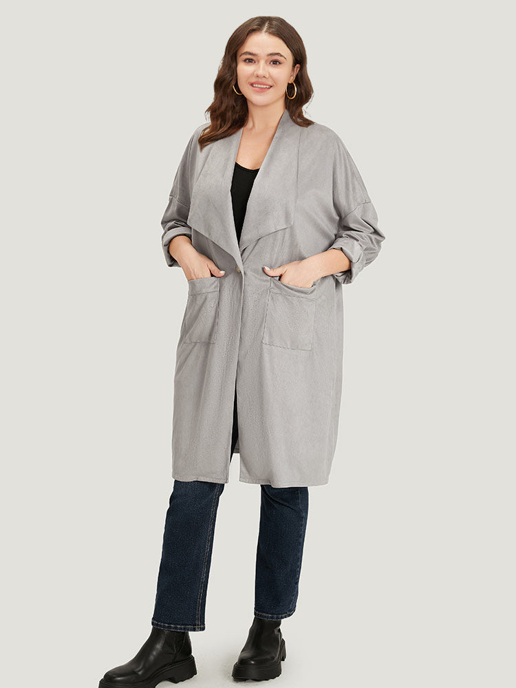 Solid Lapel Collar Patched Pocket Faux Suede Coat