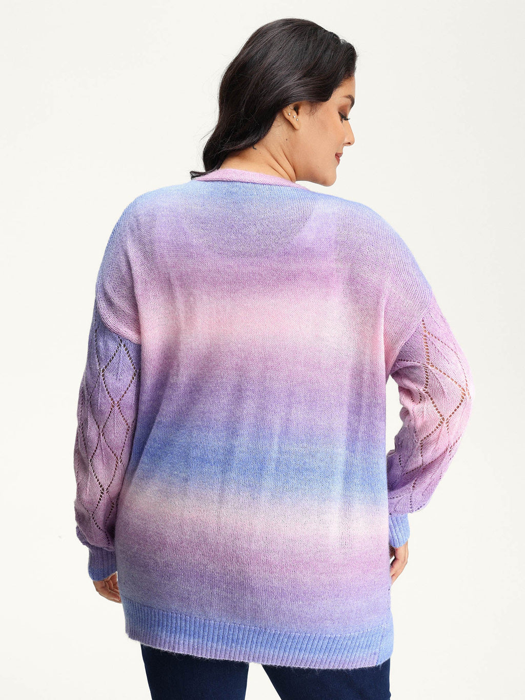 Ombre Gradient Eyelet Trim Knit Cardigan