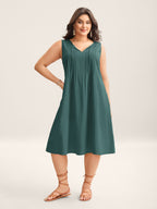 Cotton Toothpick Pleat Plain Midi Dress