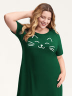 Happy Cat Print Stretchy Contrast Sleep Dress
