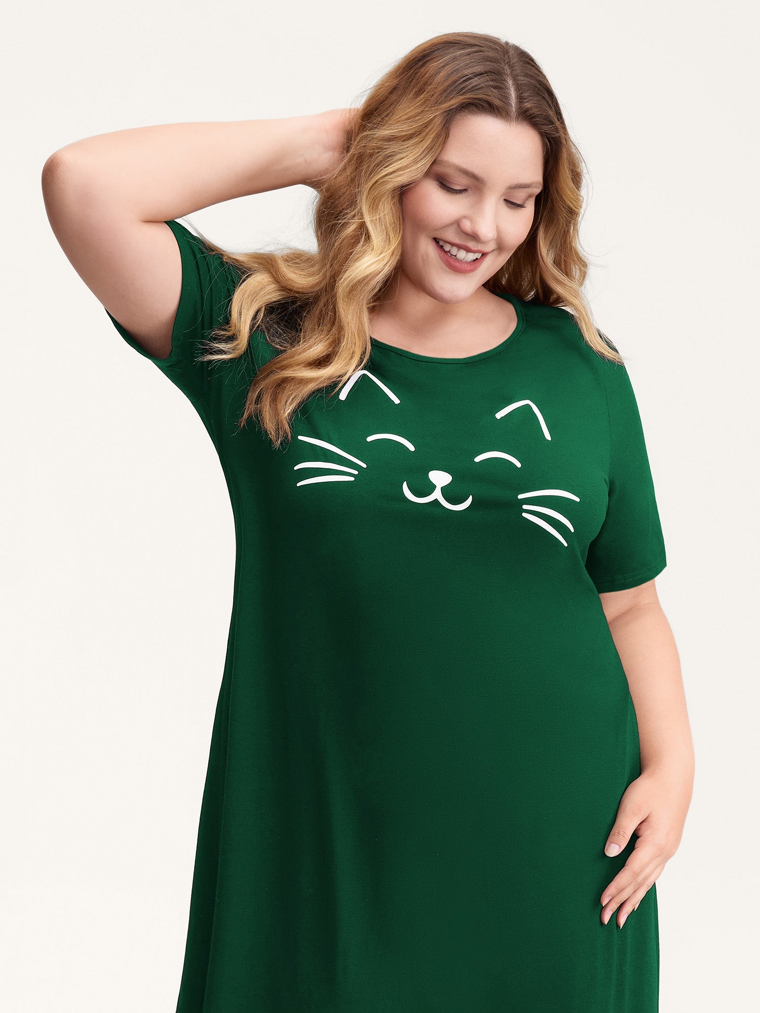 Happy Cat Print Stretchy Contrast Sleep Dress