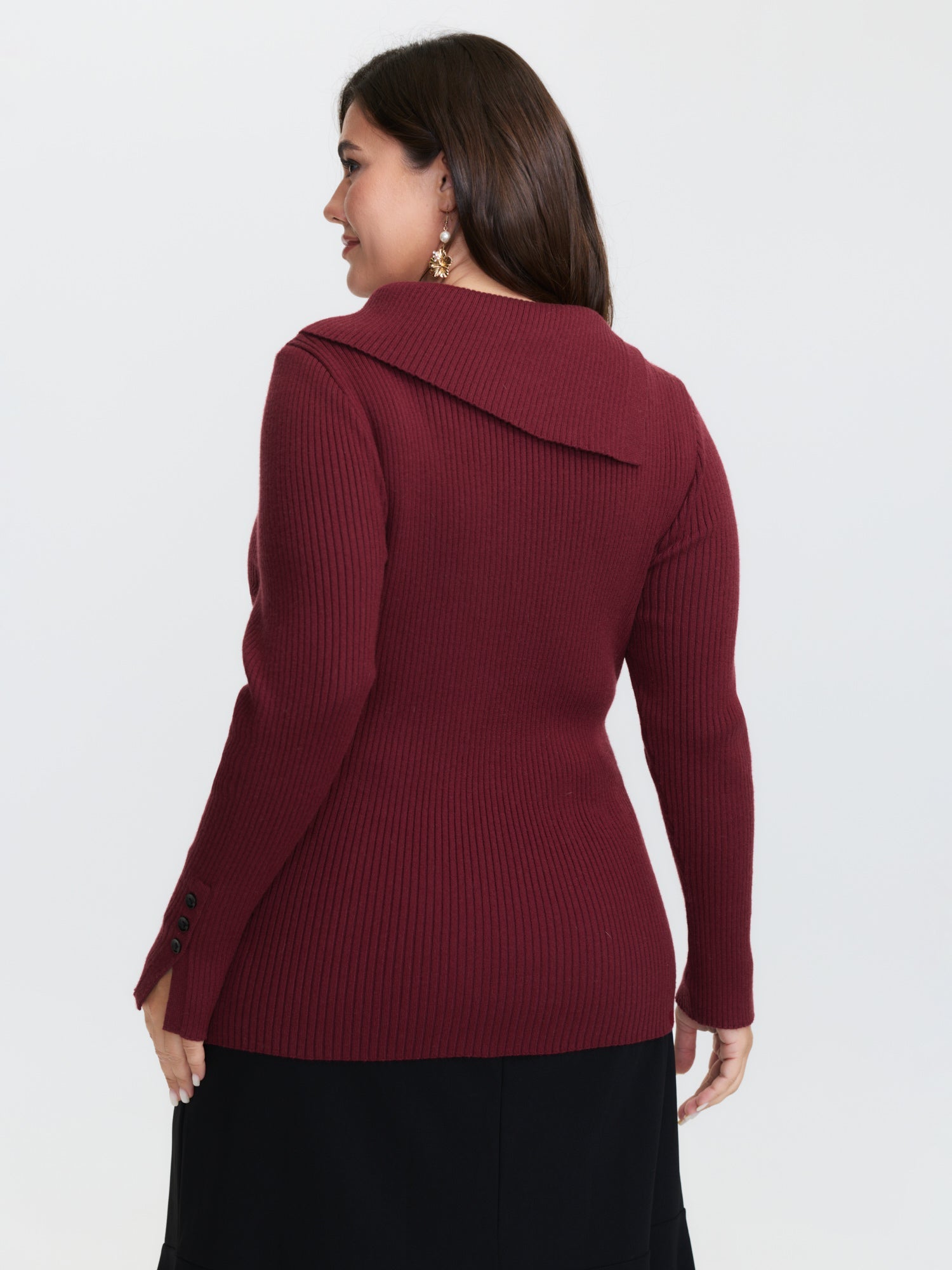 Collar Button Fitted Slit Fitted Pullover